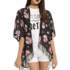 Hot Topic Black Pink Floral Skull Kimono Small